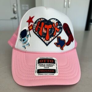 Pink and White Houston Trucker Hat with Patches